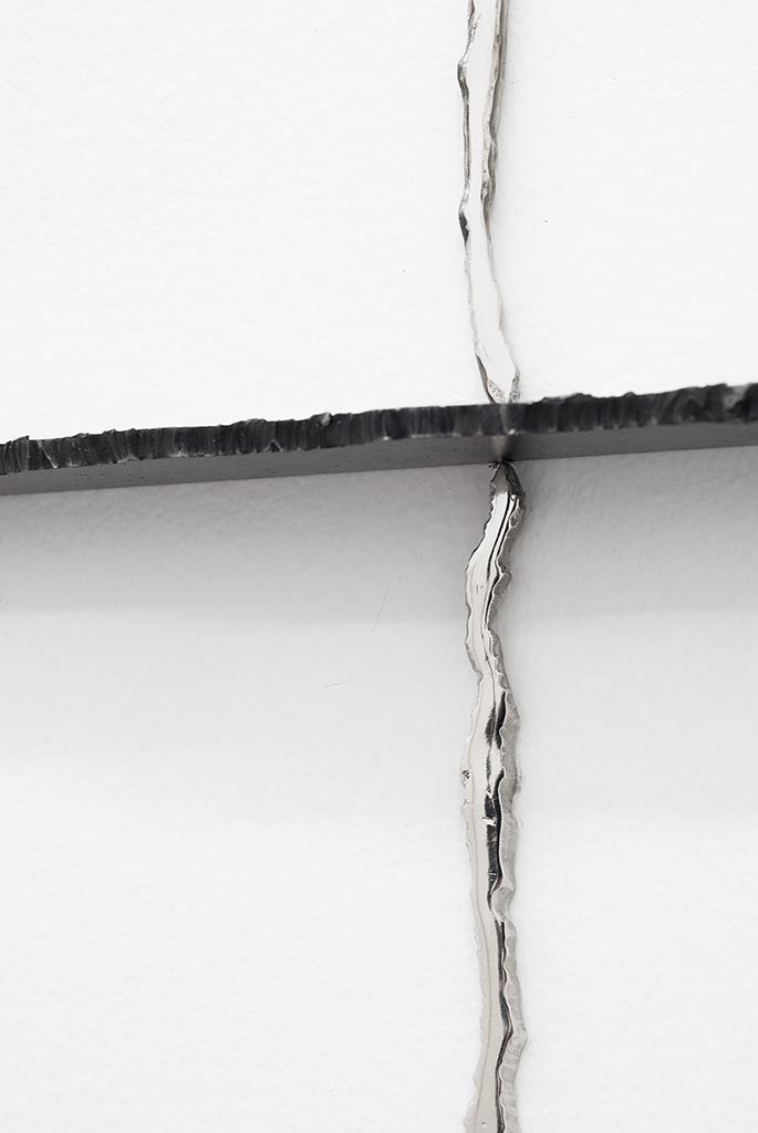 It's Never too Late to Mend (detail), Nickel plated Mirror polished steel, Dry Graphite Lube finished Steel, Wall Rubbing (Dirt, Sweat, Blood, and Leather), 72