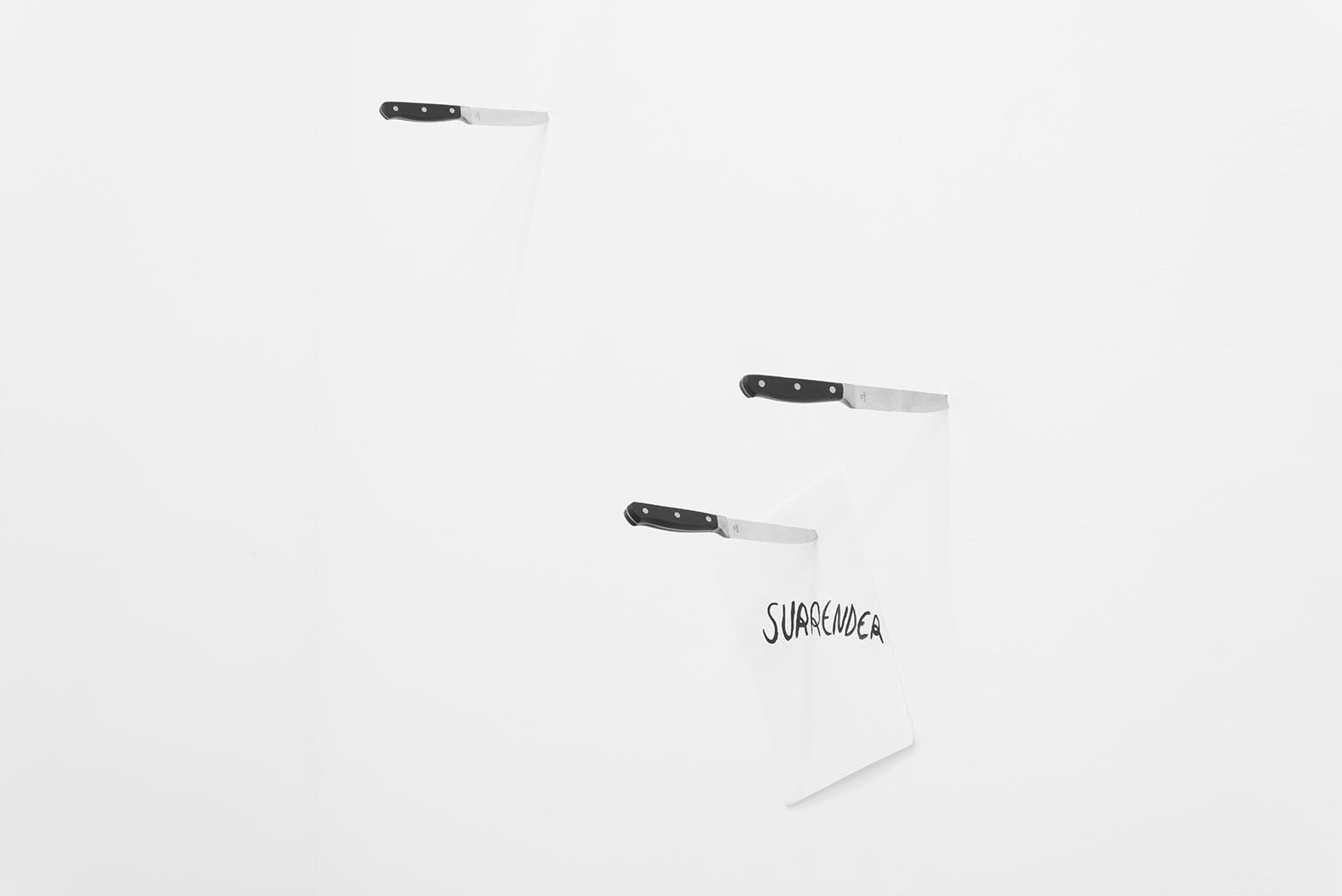 Surender, 2015, ink on paper, knives, dimensions variable